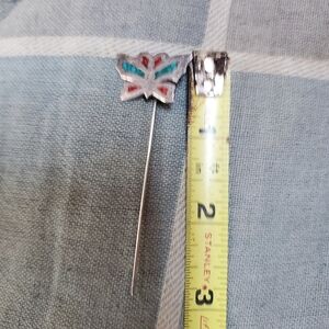 Vintage Sterling Silver Chip Inlay Turquoise & Coral Butterfly Lapel Pin Hat Pin